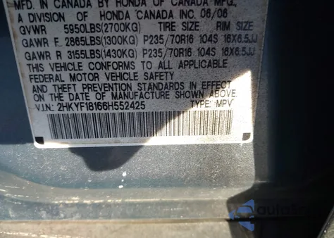 2006 Honda Pilot Lx z USA, uszkodzony, nr VIN 2HKYF18166H552425